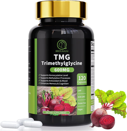 TMG Supplements - Trimethylglycine Capsules, Betaine Anhydrous 600mg, with Ginkgo & Vitamin B6, Supports Methylation, Liver Wellness & Cognitive, Non-GMO, Vegan, Blood Orange Flavor 120 Count