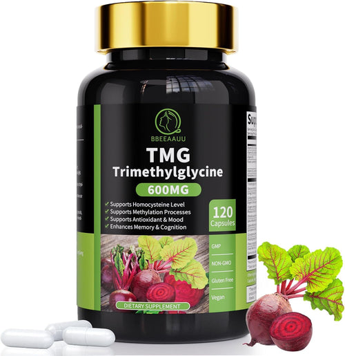 TMG Supplements - Trimethylglycine Capsules, Betaine Anhydrous 600mg, with Ginkgo & Vitamin B6, Supports Methylation, Liver Wellness & Cognitive, Non-GMO, Vegan, Blood Orange Flavor 120 Count