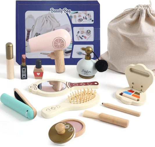IEATFO Kids Makeup Kit for Girl, Wooden Makeup Toy Set for Toddlers, Pretend Wood Beauty Salon Toys Set for Kid Children Princess, Christmas Birthday Gift Toy for 3 4 5 6 7 8 9 10 Year Old