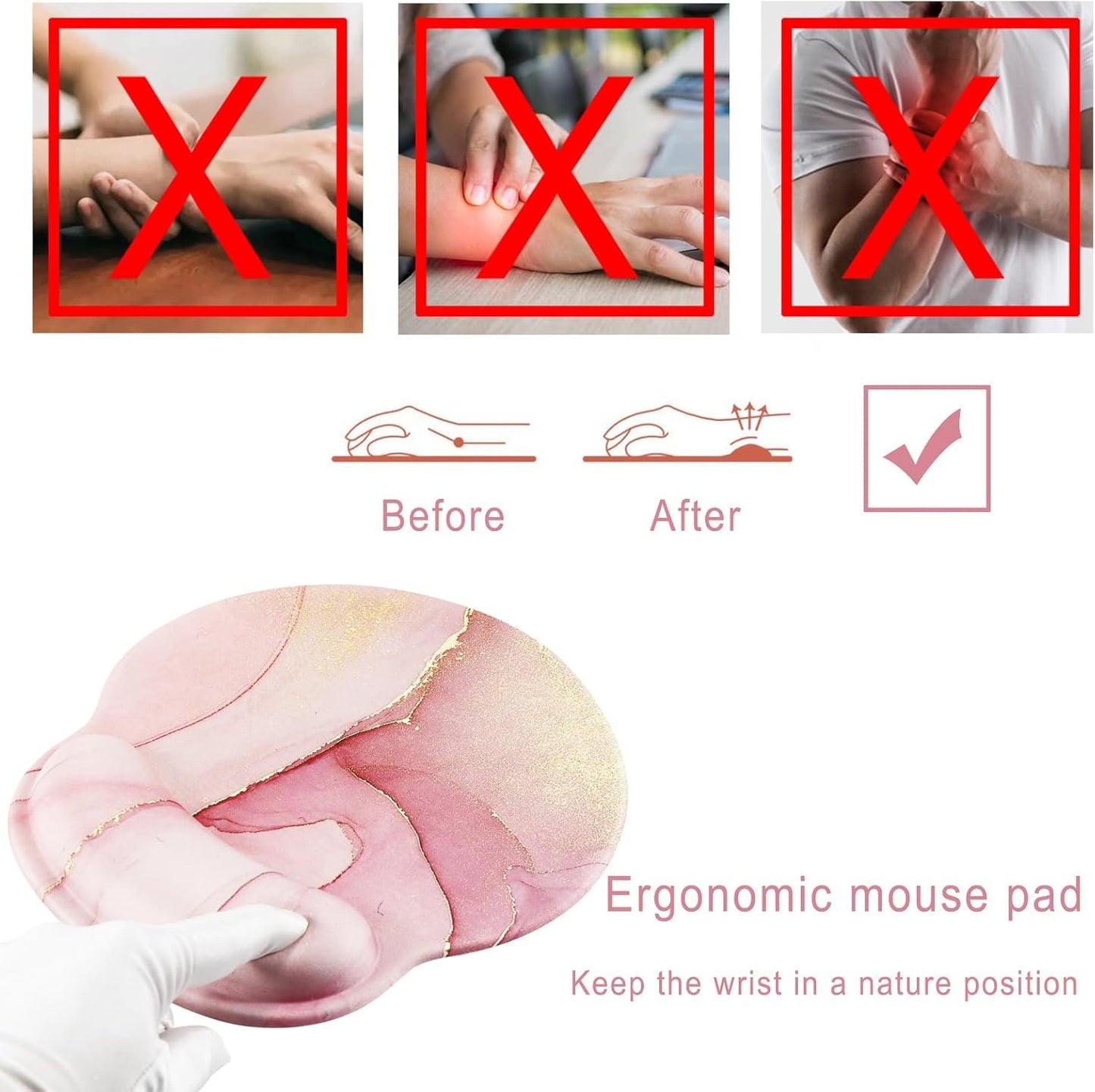 Ergonomic Mouse Pad with Wrist Rest,Small Gaming Gel Mousepad,Office Desk Accessories for Computer Laptop,Work from Home Essentials (Pink Marble)