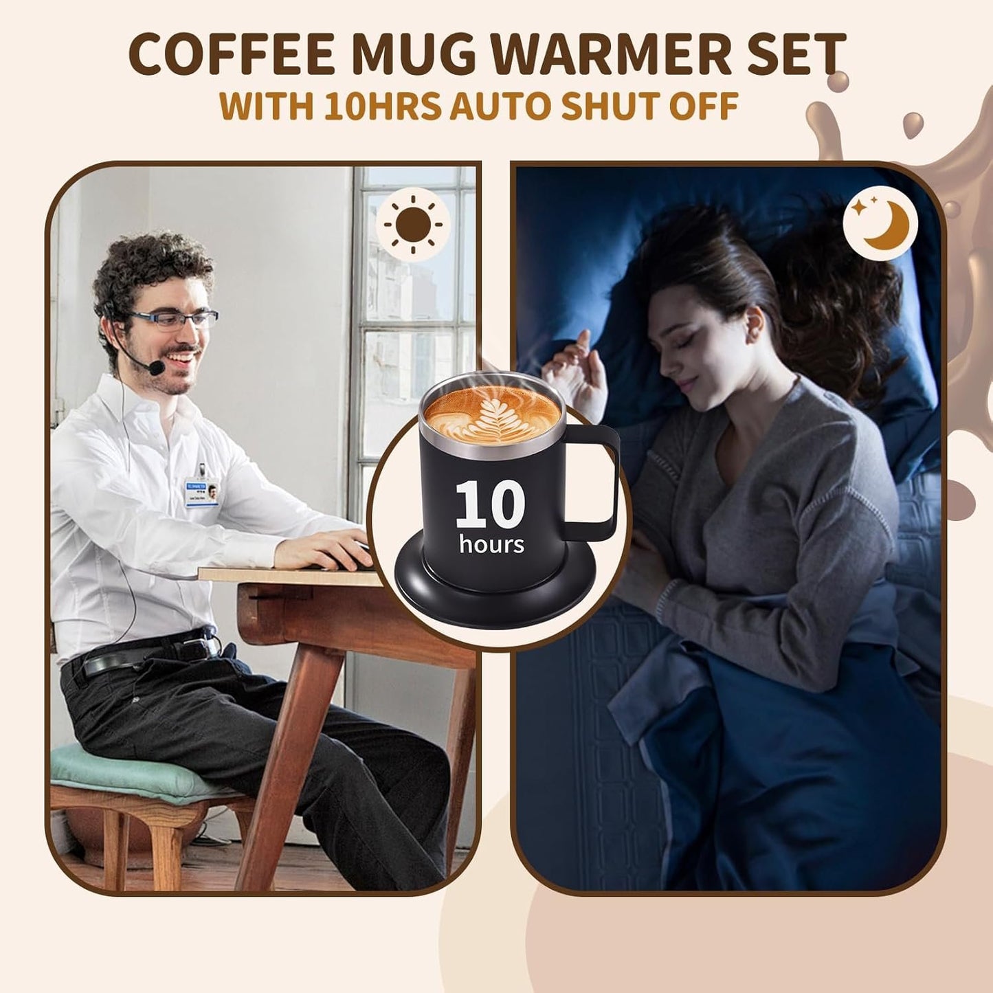 Self-Heating Coffee Mug - 12oz USB Electric Heated Mug with Temperature Control & 10H Auto Shut Off, Smart Warming Travel Mug for Hot Tea/Coffee, for Office/Home (Black)