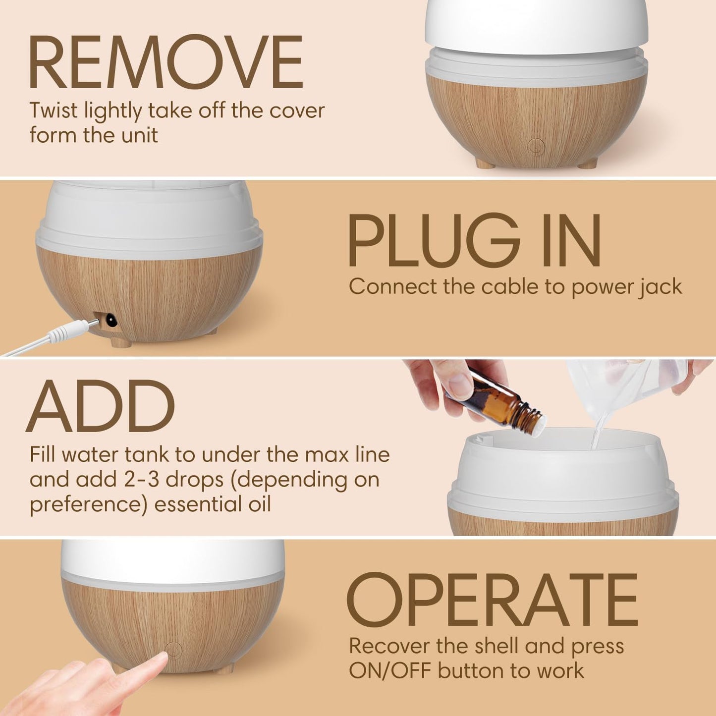 SALKING Essential Oil Diffuser, 100ml Compact Aromatherapy Diffuser with Auto Shut-Off Function, Cool Mist Humidifier with Warm White Lights, for Office Home