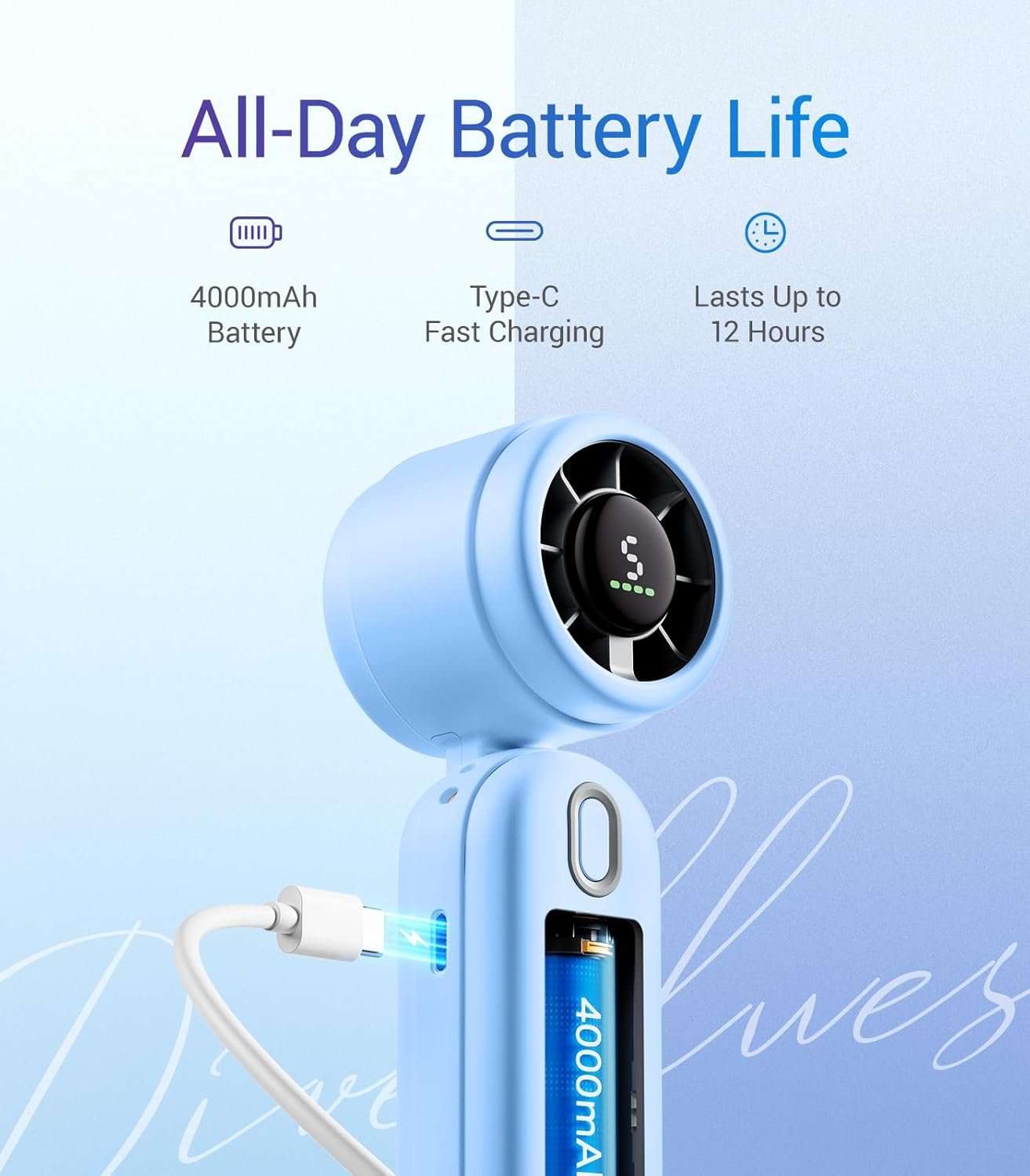 Diveblues 3 IN1 Portable Handheld Turbo Fan, 4000mAh USB Rechargeable Personal Hand Fan with 5 Speeds, Up to 12H Cooling, Foldable Small Pocket Ventilateur, Travel Essentials, Tech Gifts for Men Women