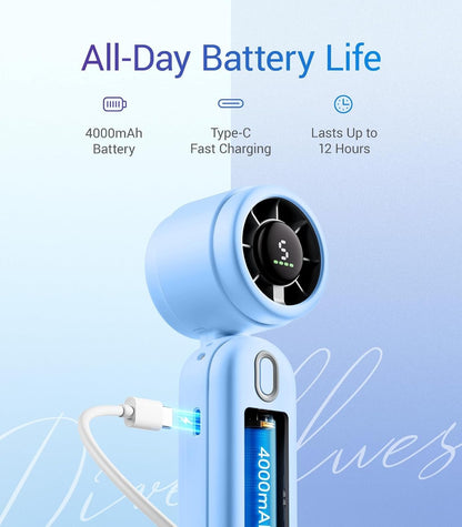 Diveblues 3 IN1 Portable Handheld Turbo Fan, 4000mAh USB Rechargeable Personal Hand Fan with 5 Speeds, Up to 12H Cooling, Foldable Small Pocket Ventilateur, Travel Essentials, Tech Gifts for Men Women