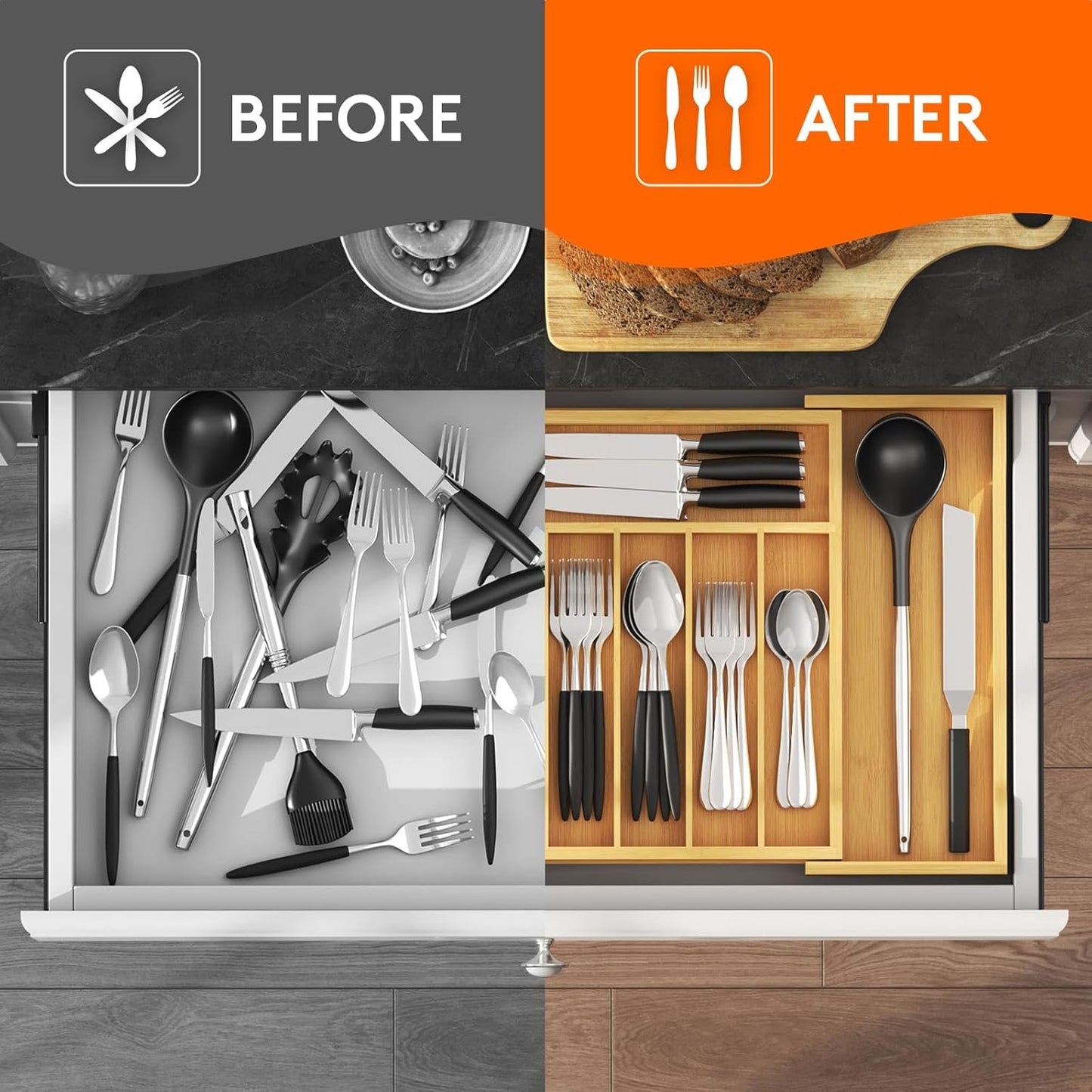 Lifewit Large Cutlery Drawer Organizer, Expandable 13" to 22.5" Utensil Holder for Kitchen, Bamboo Flatware and Silverware Tray, Wood Adjustable Storage for Spoons Forks Knives, Natural