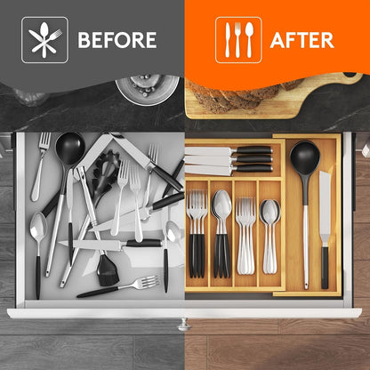 Lifewit Large Cutlery Drawer Organizer, Expandable 13" to 22.5" Utensil Holder for Kitchen, Bamboo Flatware and Silverware Tray, Wood Adjustable Storage for Spoons Forks Knives, Natural