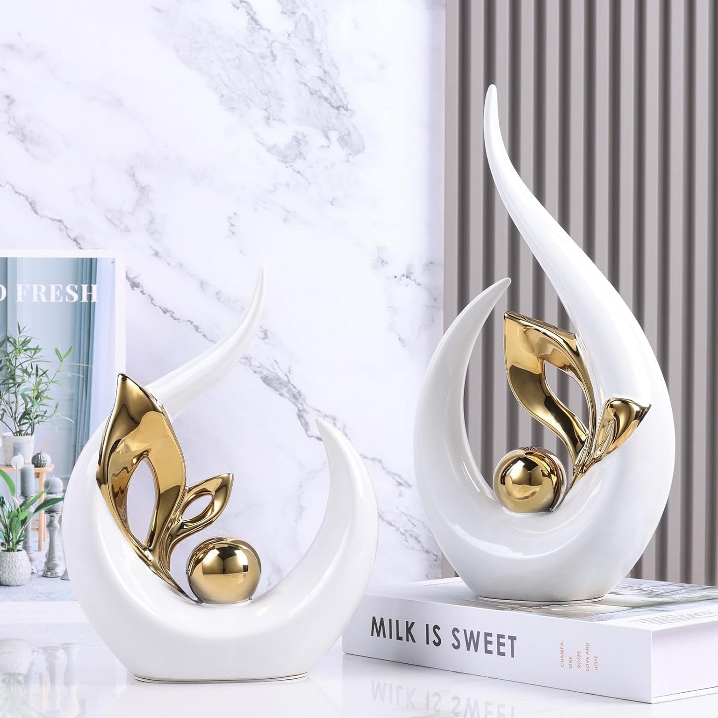 LCCCK Modern Abstract White and Gold Ceramic Sculptures- Home Decor Design Ornaments, Decorative Statues for Living Room, Elegant Modern Centerpiece for Table and TV Cabinet, Set of 2