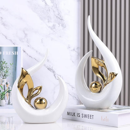 LCCCK Modern Abstract White and Gold Ceramic Sculptures- Home Decor Design Ornaments, Decorative Statues for Living Room, Elegant Modern Centerpiece for Table and TV Cabinet, Set of 2