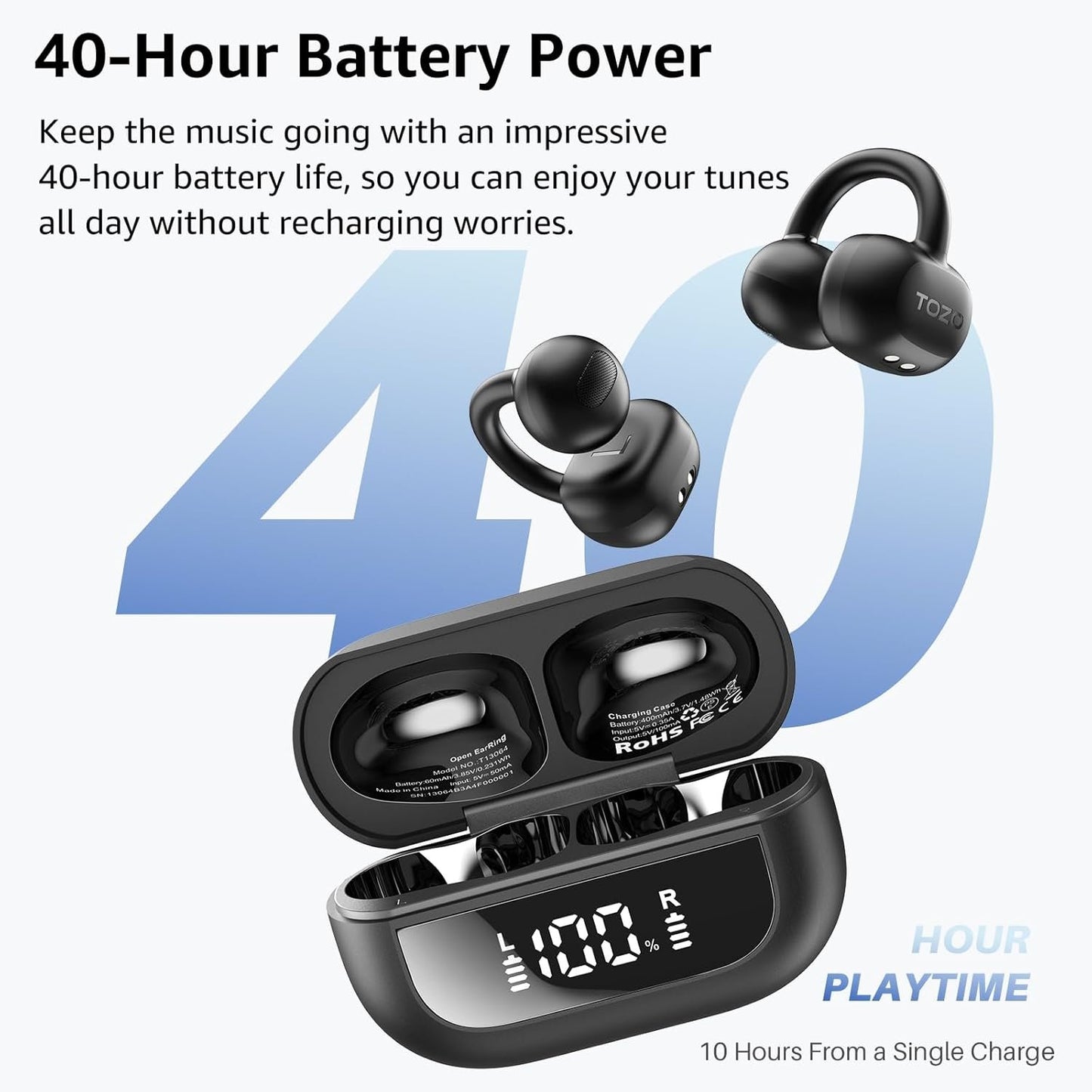 TOZO New OpenEarRing True Open Ear Headphones, Lightweight Comfort Open Ear Clip Wireless Earbuds, 40H Play Bluetooth 5.4 Headphones with Smart Digital Display Design Fit Sports Running, Workout Black