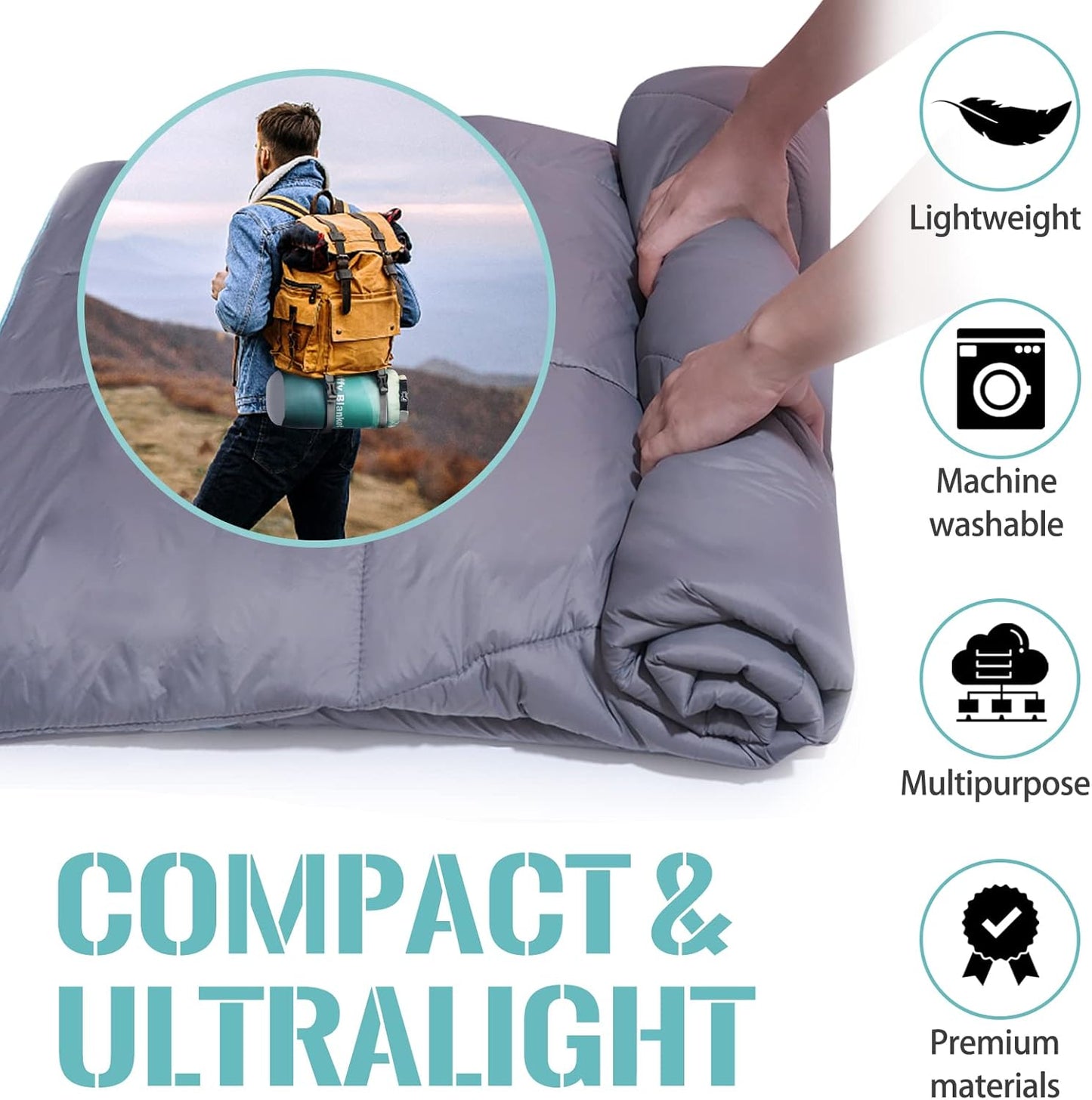 Outdoor Puffy Camping Blanket, Lightweight Down Alternative Puffy Printed Camping Large Ultra Warm Hammock Top Quilt Waterproof Blanket for Traveling Picnic Beach Party Cold Weather (Green Mountain)