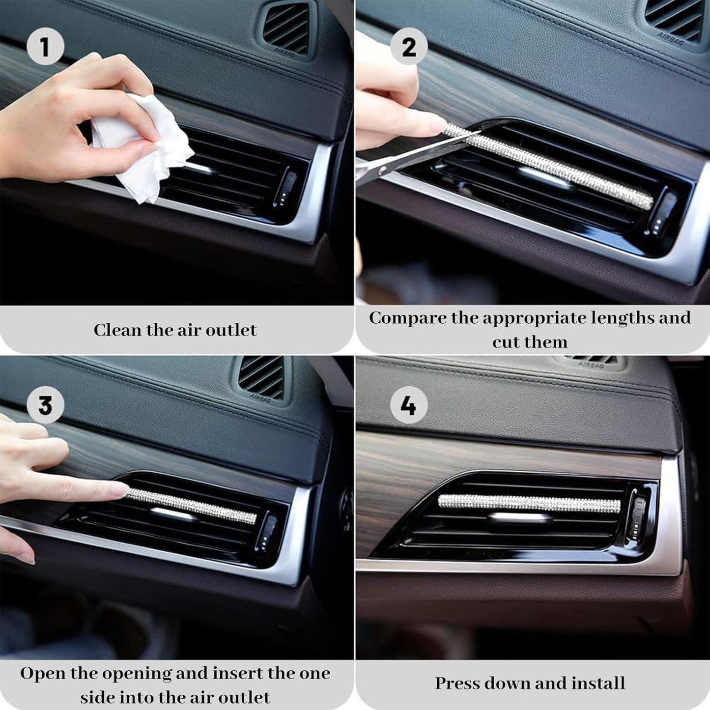 10PCS Bling Car Air Conditioner Decoration Strip for Vent Outlet, Rhinestone Car Air Vent Outlet Moulding Trim Strip, Bling Diamond Car Interior Accessories for Women and Girls