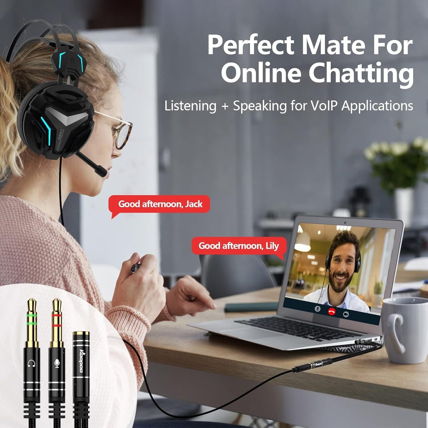 KOOPAO Headphone Mic Splitter for PC, 3.5mm Mic and Audio Y Splitter, 1 Female to 2 Male Aux Adapter Cable for Gaming Computer Laptop, TRRS Earphone or Headset (Black)