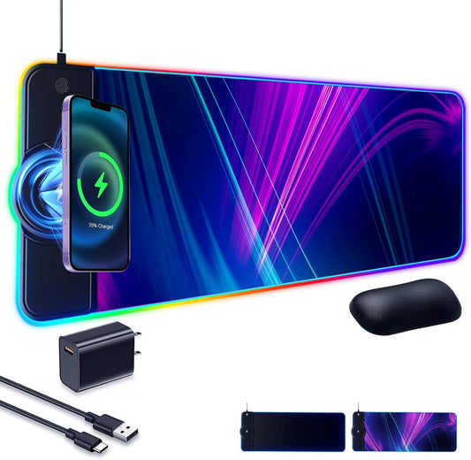 WQBZSYY Gaming Mouse Pad 15W Wireless Charging RGB,LED Large Ergonomic Mousepad Gaming with Wrist Support,31.88" 12.2" Desk mat/Keyboard pad (Colorful(18W Charger Included))