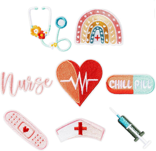 8 Pcs Nurse Embroidered Patches Cute Medical Nursing Sew Iron on Applique Decorative Repair Patch Emblem Nurse's Day Gifts DIY Crafts Accessories for Clothing Scrubs Jacket Jeans Backpack Hat