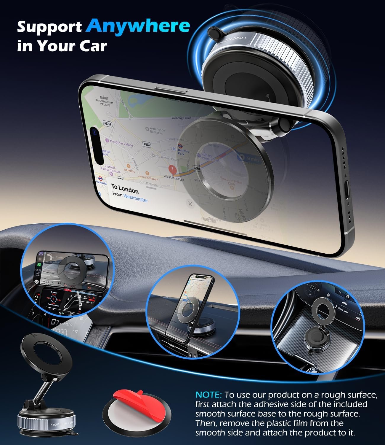 ALAFLY Vacuum Suction Cup Car Phone Holder, Compatible with MagSafe, 360° Adjustable & Foldable Magnetic Phone Mount for Car/Glass/Any Smooth Surface, Hands-Free - Black