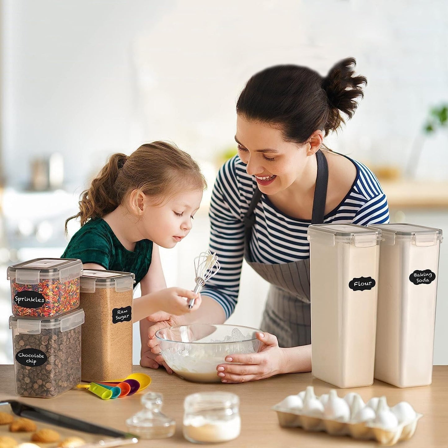 Airtight Food Storage Container Set, Pantry Organization Containers, Plastic Kitchen Storage Canister Sets with Lids, Stackable Food Container Sets for Cereal, Flour, Snack (Set of 8)