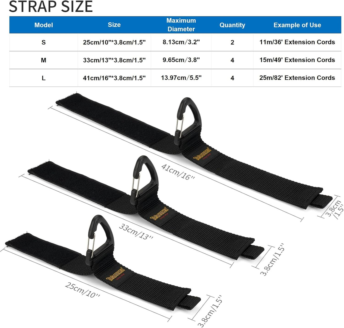 Trilancer Hook-and-Loop Storage Straps with Triangular Buckle to Hang on Walls for Cables, Wires, Rope, Hoses, Organization for Home, Garage or Workshop（2*S，4*M，4*L）