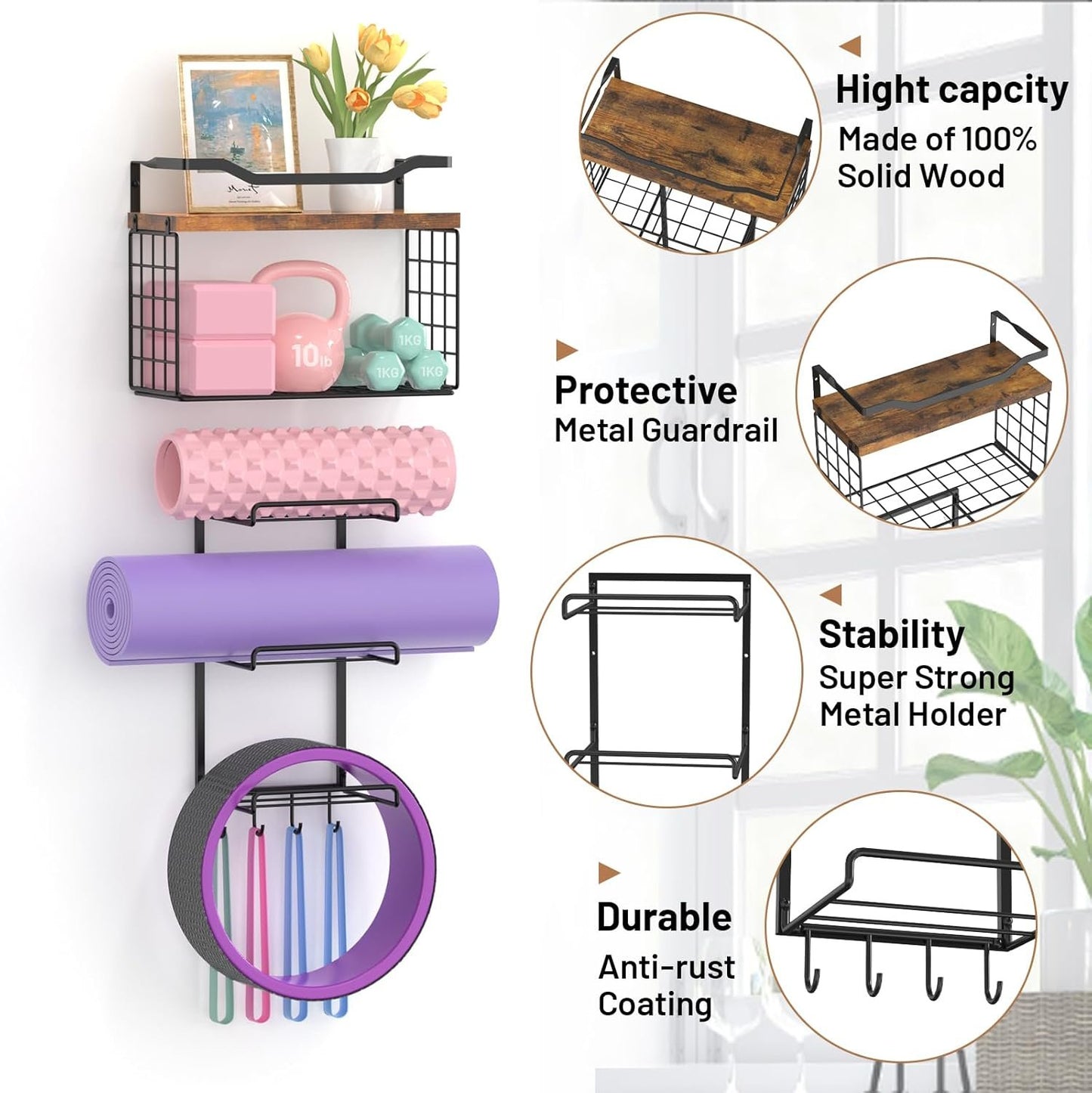 Yoga Mat Holder Wall Mount, Yoga Accessory Mats Storage Rack, Home Gym Accessories Organizer Storage with Wood Floating Shelves, Storage Basket with Hooks for Hanging Yoga Strap & Resistance Bands