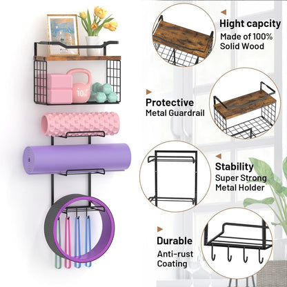 Yoga Mat Holder Wall Mount, Yoga Accessory Mats Storage Rack, Home Gym Accessories Organizer Storage with Wood Floating Shelves, Storage Basket with Hooks for Hanging Yoga Strap & Resistance Bands