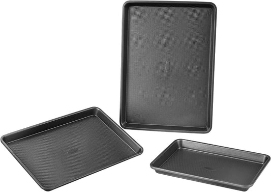 VEVOR Baking Pans Set, 3-Piece, Nonstick Carbon Steel Cookware Sheets & Trays, Stackable Kitchen Oven Bakeware Cooking Sets with Silicone Handles, Easy to Clean, for Baking Cookie Cake Muffin Bread