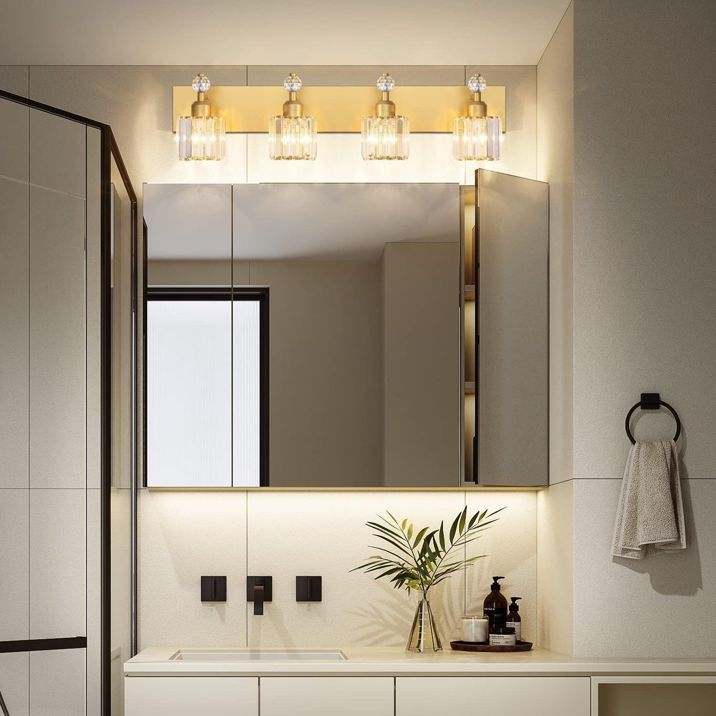 PRESDE Modern Crystal Bathroom Vanity Light 4 Light Gold Vanity Lighting Over Mirror Bathroom Wall Light Fixtures