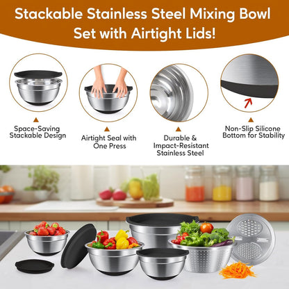 Stainless Steel Mixing Bowls with Lids–Nesting Set with Airtight Lids, Colander & Grater for Kitchen Prep, Cooking & Baking,Non-Slip|Bols à mélanger en Acier inoxydable, antidérapants,Black