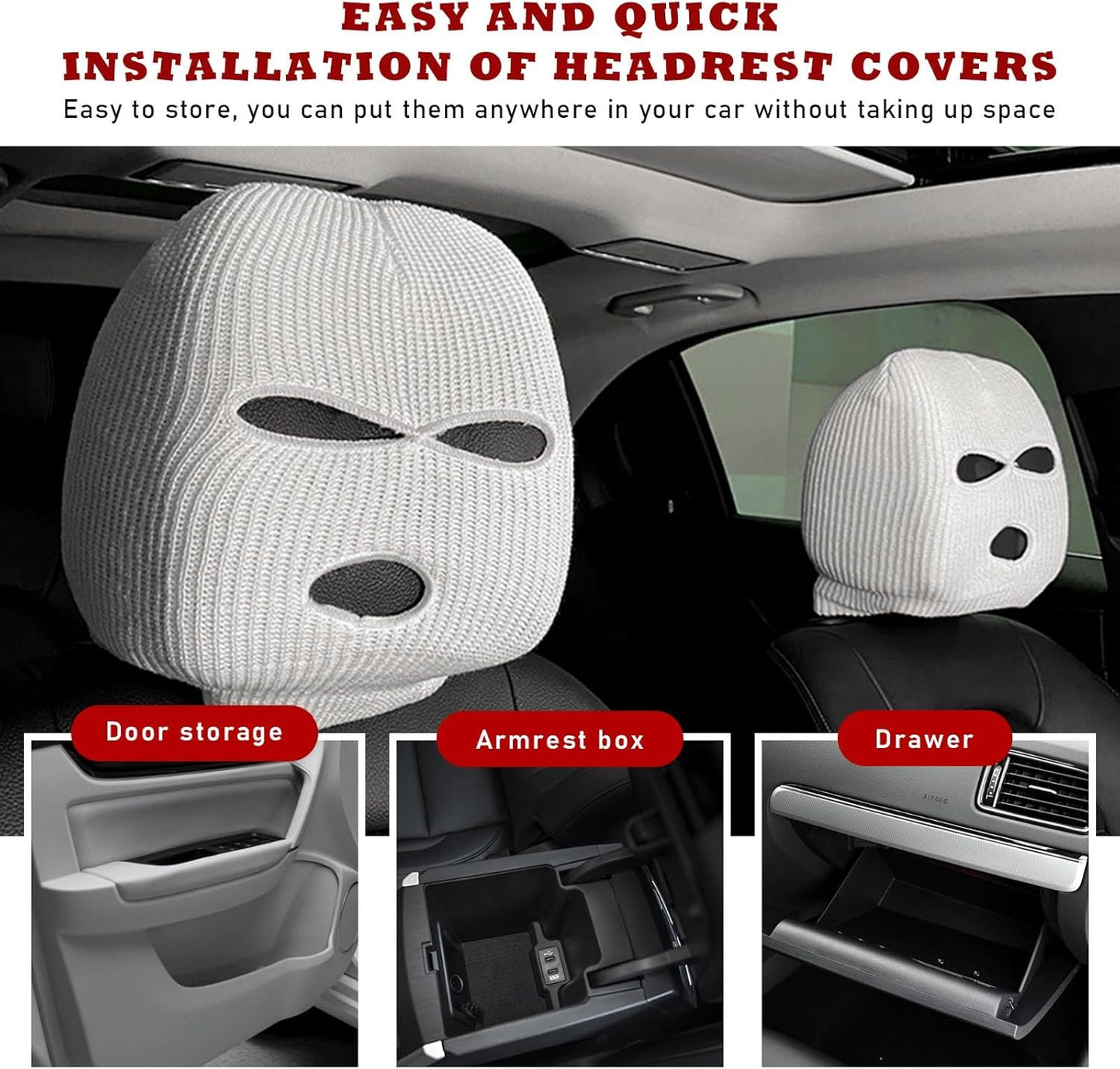 Suvnie 2 PCS Car Headrest Cover, Personalized Funny Car Seat Full Face Mask, Ski Mask Wrap Protection for Auto Front Seat Rest Decoration, Universal Interior Car Accessories (White)