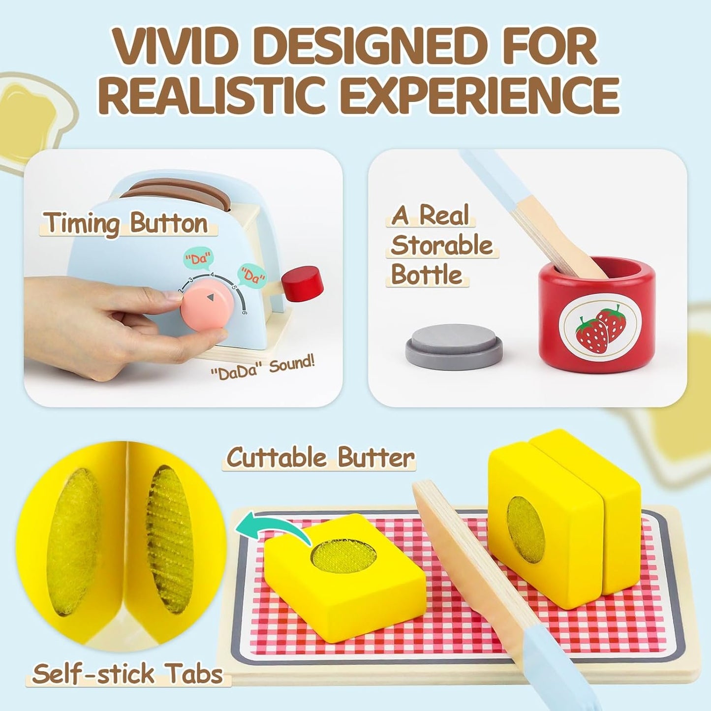 Airlab Wooden Pop-up Toaster Toy Set for Kids Play Kitchen Accessories Play Food Bread, Egg, Butter Pretend Cutting Toys Toddlers Gift for 3 4 5 Year Old Boys Girls