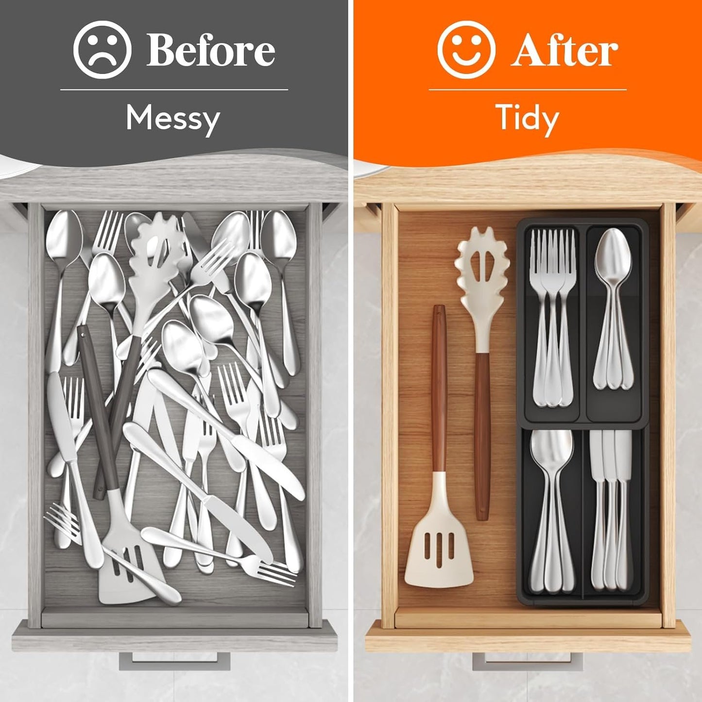 Lifewit Compact Silverware Organizer for Kitchen Drawer, Narrow Flatware Tray Holder, Plastic Cutlery Spoons, Forks and Knives Storage, Black, 1 Pack