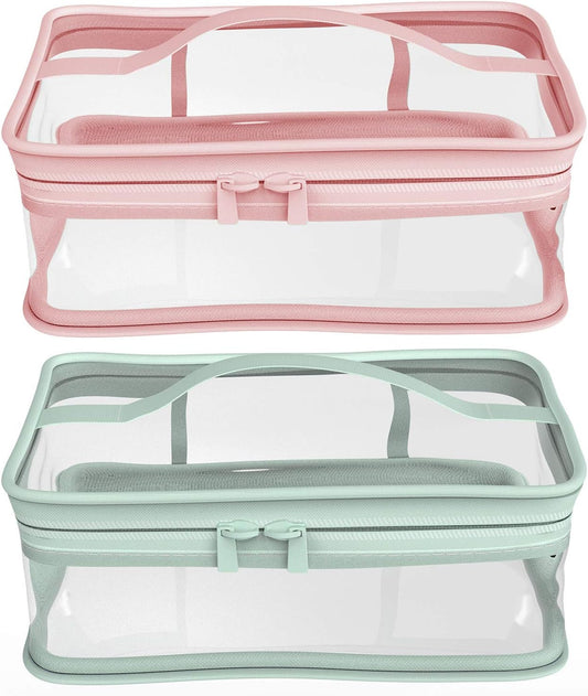 Makeup Bag Zipper Waterproof Portable Travel Storage Pouch 2 Pcs., Pink and Green, Pvc