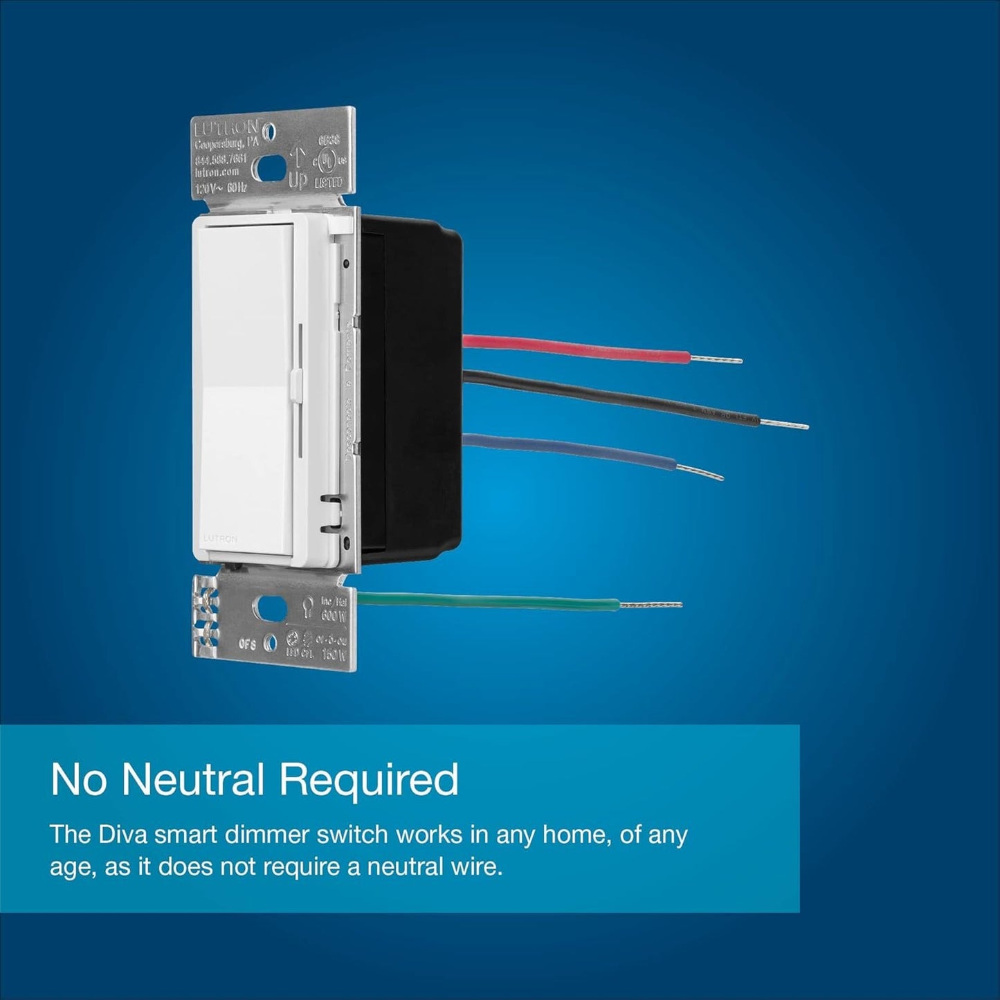 Lutron Diva Smart Dimmer Switch for Caseta Smart Lighting (Lutron Smart Hub Required), for LED Lights, 150 Watt, Single-Pole/3Way, No Neutral Required, DVRF-6LS-WH-2, White, 2 Pack