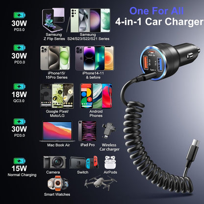 USB C Car Charger, 65W 4-Fast Port Dual 12V USB-C & USB-A Car Phone Charger PD&QC3.0 Super Fast Car Cigarette Lighter Adapter for iPhone 16 15 Pro Max Plus iPad, Samsung S24/S23 Ultra+5ft Type C Cable