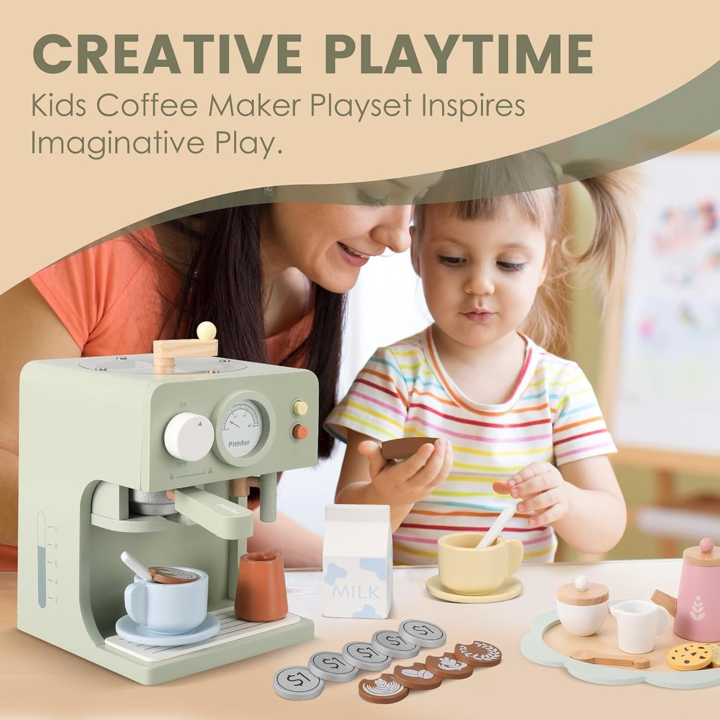 Pithfor Kids Wooden Coffee Maker Toy with Grinder, Pretend Play Kitchen Appliances & Accessories Toy Gift for Kids Toddlers Boys Girls