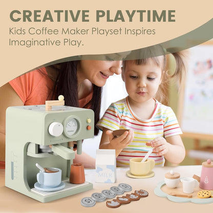 Pithfor Kids Wooden Coffee Maker Toy with Grinder, Pretend Play Kitchen Appliances & Accessories Toy Gift for Kids Toddlers Boys Girls