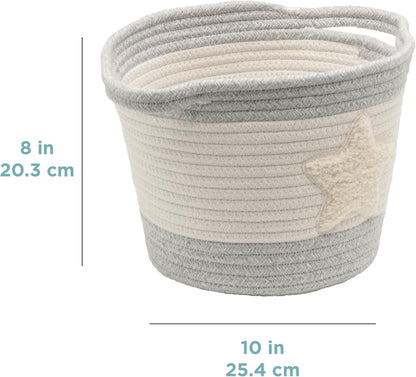Zenna Home Cotton Rope Storage Basket with Star Boucle Patch, Round, 10"x10"x8", Ivory with Grey Trim, Decorative & Multi-Purpose for Home Organization