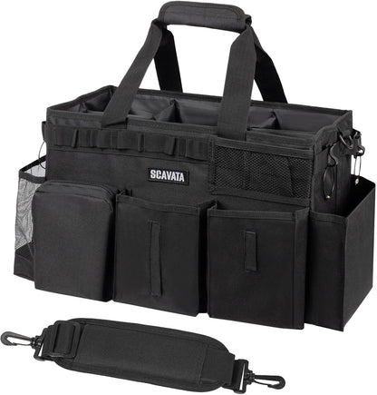 Wearable Cleaning Caddy Bag, Supplies Organizer with Handle & Shoulder Straps for Housekeepers, Under Sink & Car Cleaning Tool Organizer with 4 Foldable Dividers (Black)