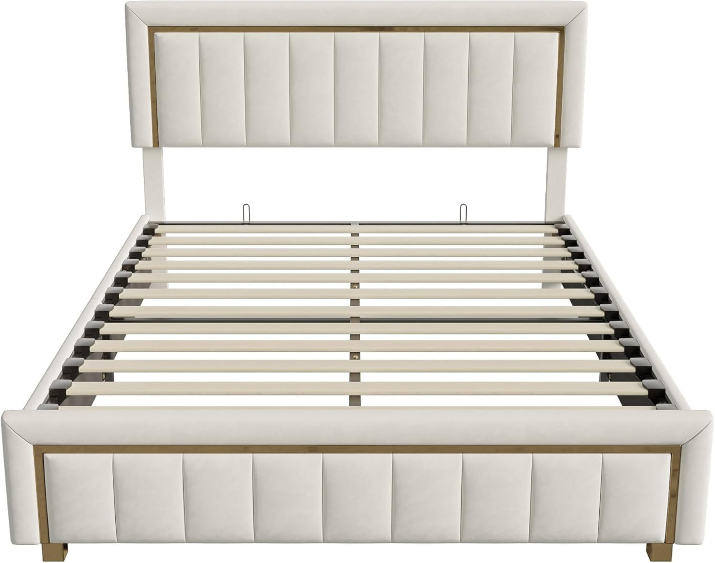 BRILVERDE Double Padded Bed, 160 x 200 cm, Bed Frame with Storage Compartment and Slatted Base, Hydraulic Bed with Headboard, Velvet (Open White, 160 x 200 cm)
