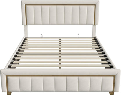 BRILVERDE Double Padded Bed, 160 x 200 cm, Bed Frame with Storage Compartment and Slatted Base, Hydraulic Bed with Headboard, Velvet (Open White, 160 x 200 cm)