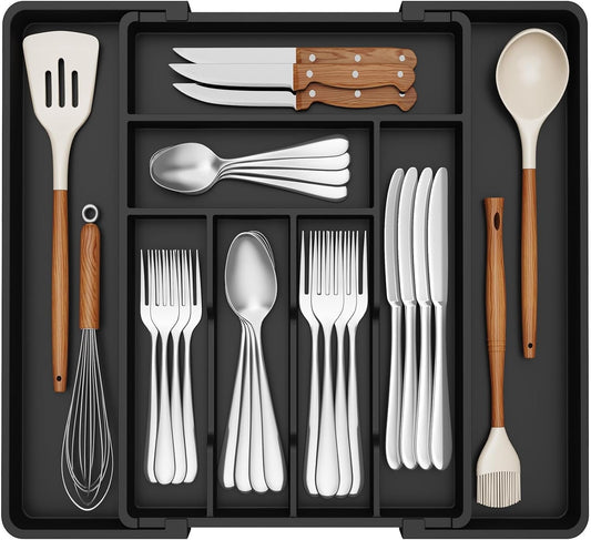 Lifewit Expandable Silverware Drawer Organizer, 22.4 x 16.7 x 2 inches, Adjustable Utensil Cutlery Tray for kitchen, Plastic Flatware Spoon Fork Knives Holder Storage Divider,1 Pack, Black