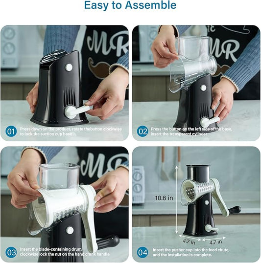 Rotary Cheese Grater Hand Crank, 5-in-1 Rotary Cheese Grater, Stronger Suction, Easy to Clean Grater for Fruit, Vegetables, Nuts, Black