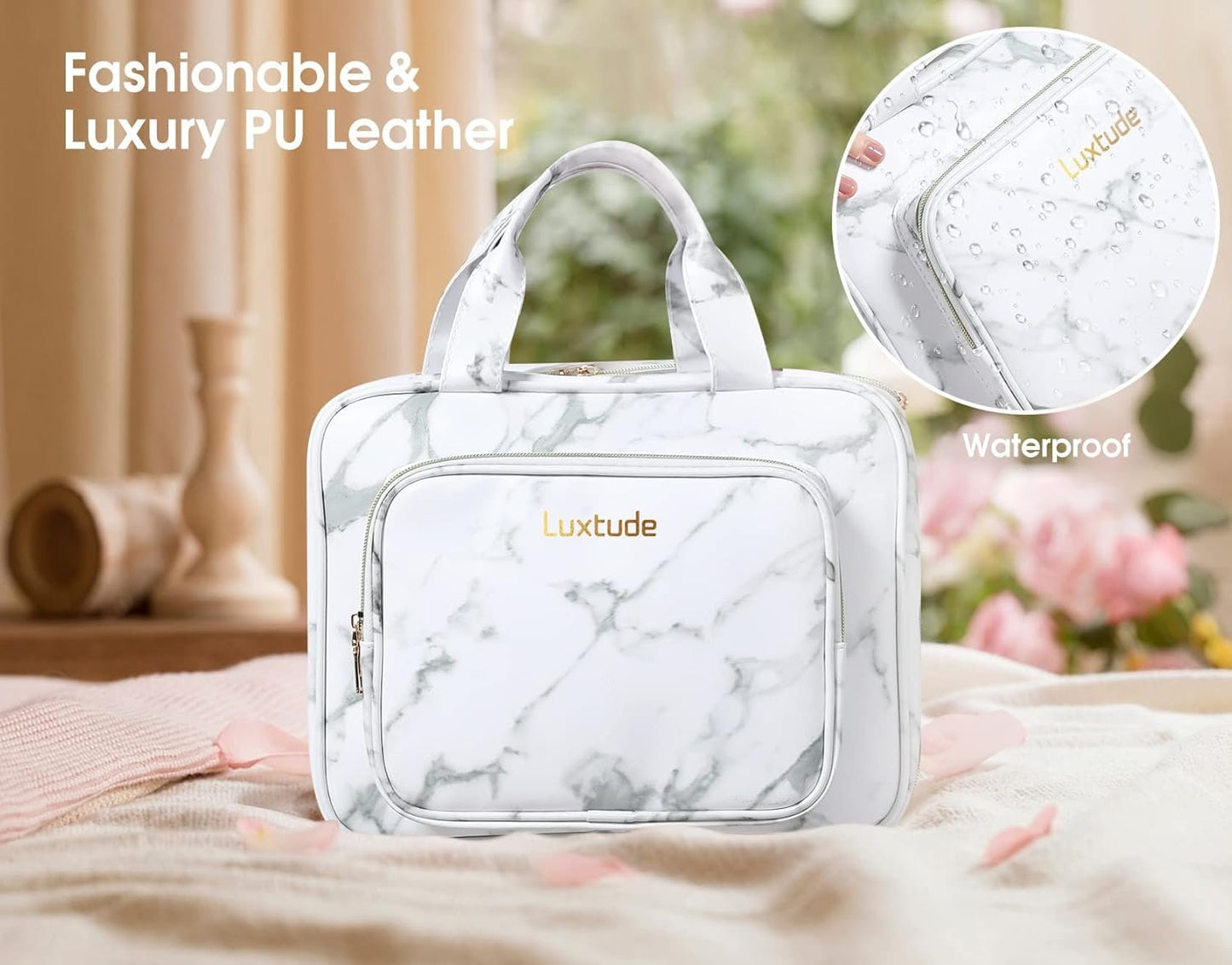 Luxtude Waterproof Leather Toiletry Bag for Women, Hanging Travel Toiletry Bag with 360°Hanging Hook, Large Travel Toiletry Cosmetic Organizer for Toiletries, Bathroom Shower, Makeup Accessories etc.
