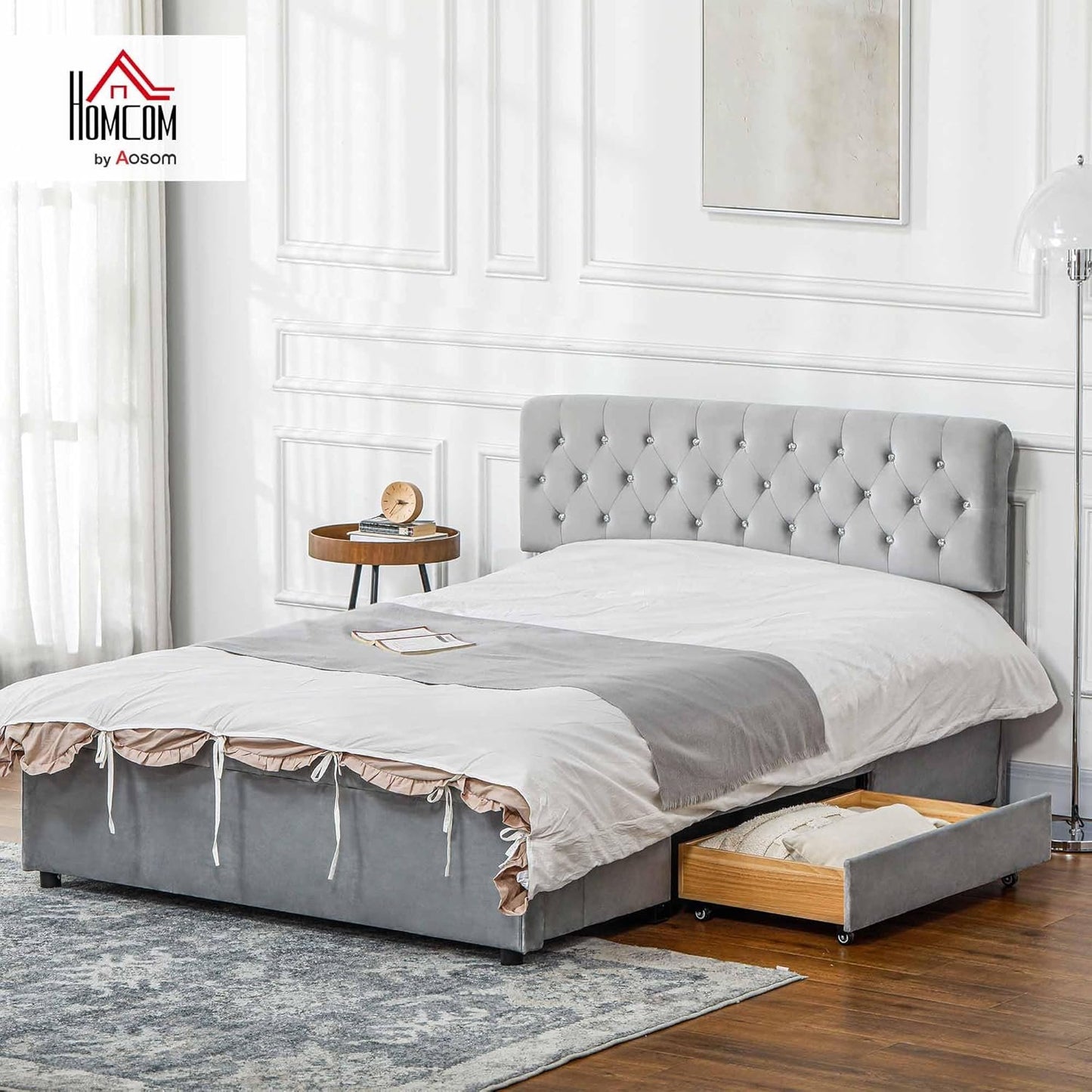 HOMCOM Full Size Platform Bed Frame with 2 Drawers, Upholstered Headboard with Crystal Tufted Design, Wooden Slats Mattress Foundation, No Box Spring Needed, Light Grey