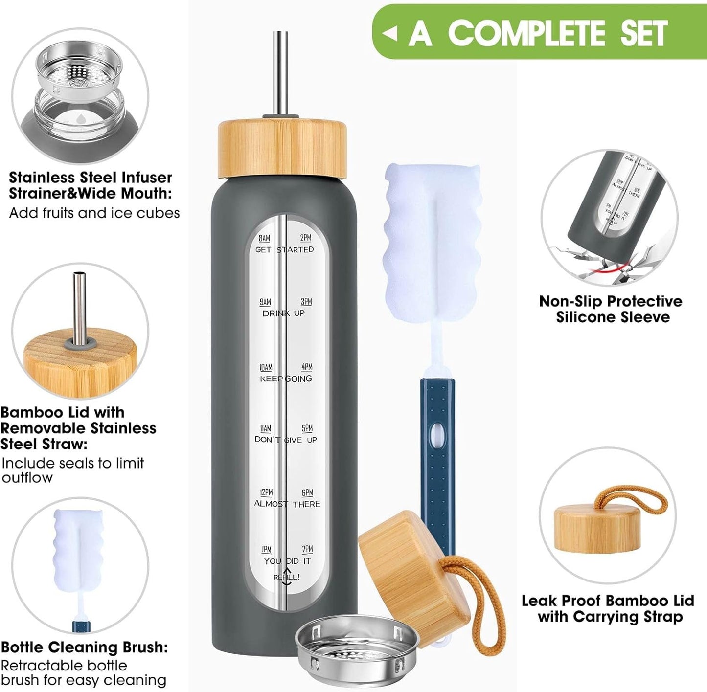 SipZest 32 oz Glass Water Bottle with Straw - Motivational Time Marker & Silicone Sleeve - Reusable Tumbler Includes 2 Bamboo Lids & Fruit Infuser - 1 Pack