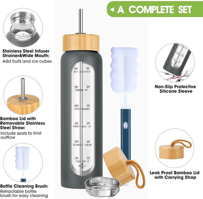 SipZest 32 oz Glass Water Bottle with Straw - Motivational Time Marker & Silicone Sleeve - Reusable Tumbler Includes 2 Bamboo Lids & Fruit Infuser - 1 Pack