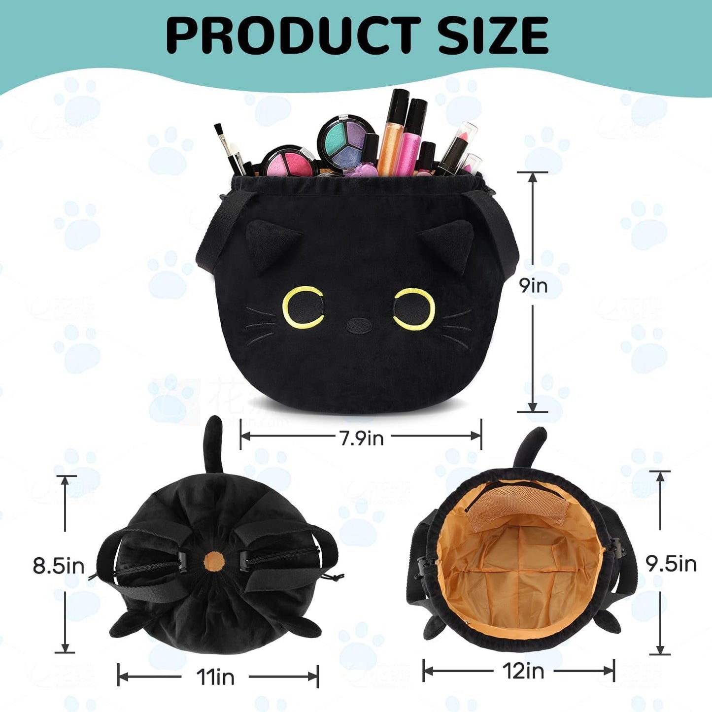 Funny Cat Drawstring Makeup Bag - Large Capacity Cute Travel Toiletry Tote Cosmetic Bag Pouch Organizer - Mothers Day Easter Birthday Christmas Unique Gag Gifts for Women Girls Cat Lovers-Black
