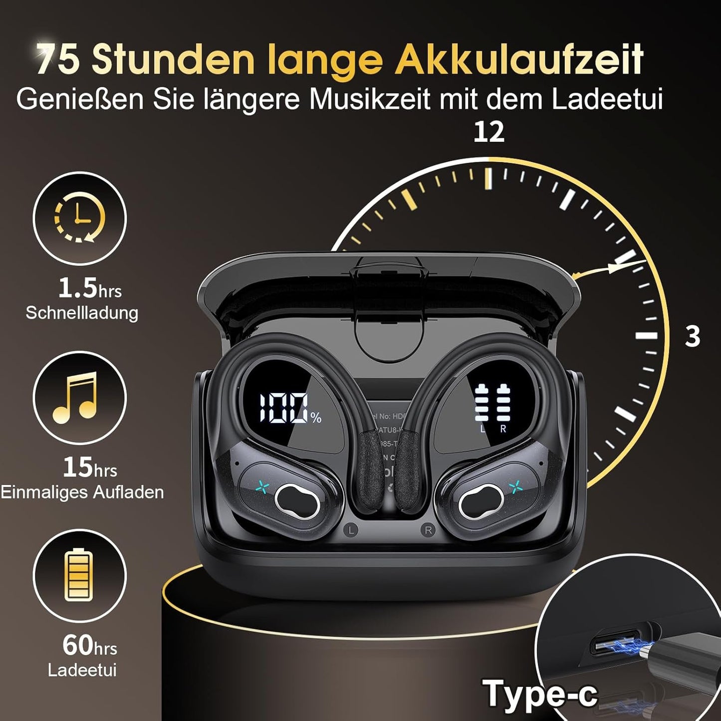 STECEi Wireless Earbuds 75hrs Bluetooth 5.4 Headphone Sport, Bluetooth Earbuds HiFi Stereo Over Ear Bud with Earhooks, ENC Noise Cancelling Mic, IP7 Waterproof Wireless Earphone for Workout/Running