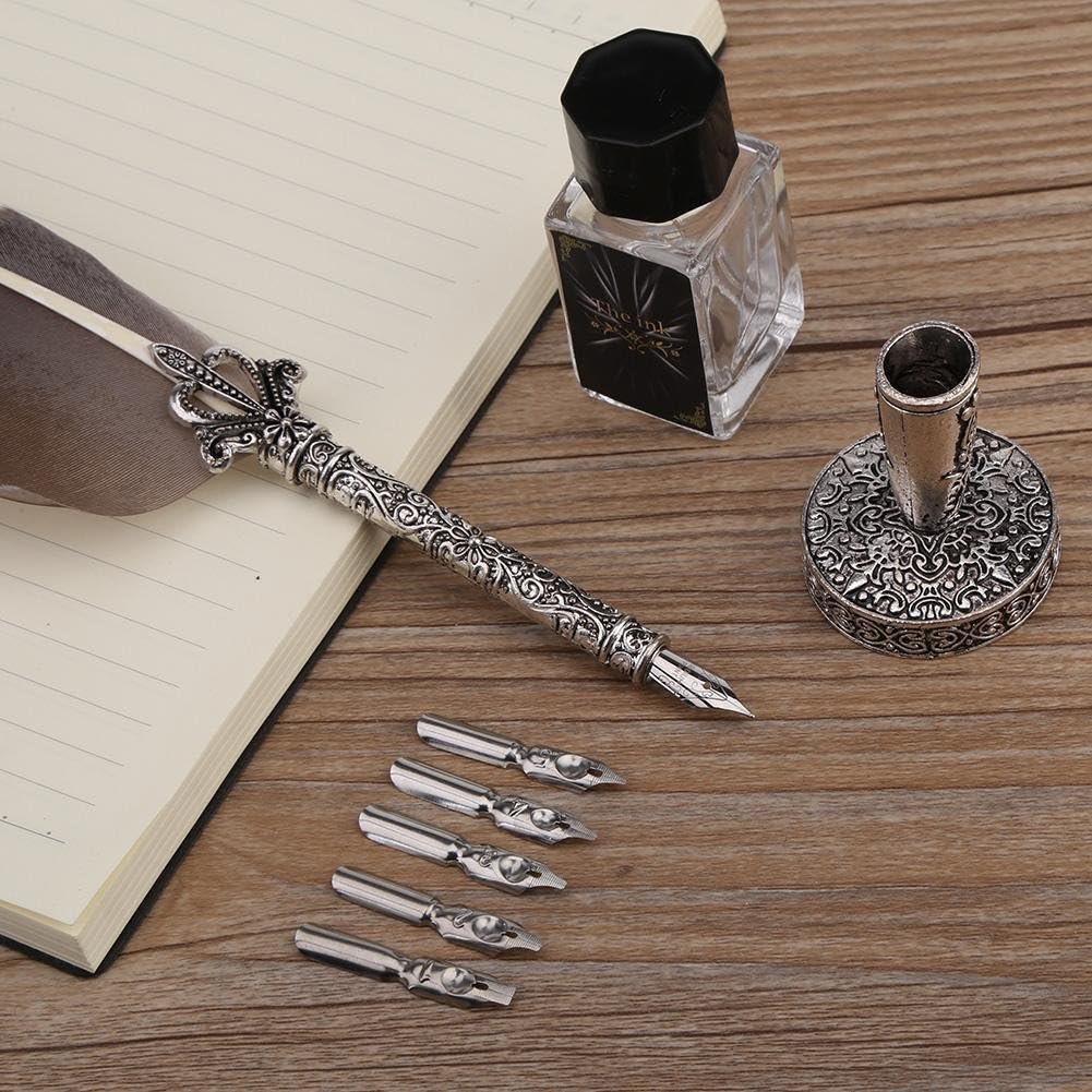 Antique Feather Dip Pen Quill Pen Calligraphy Metal Nibbed Pen Writing Ink Set Stationery Gift Box 5 Nibs(Black)