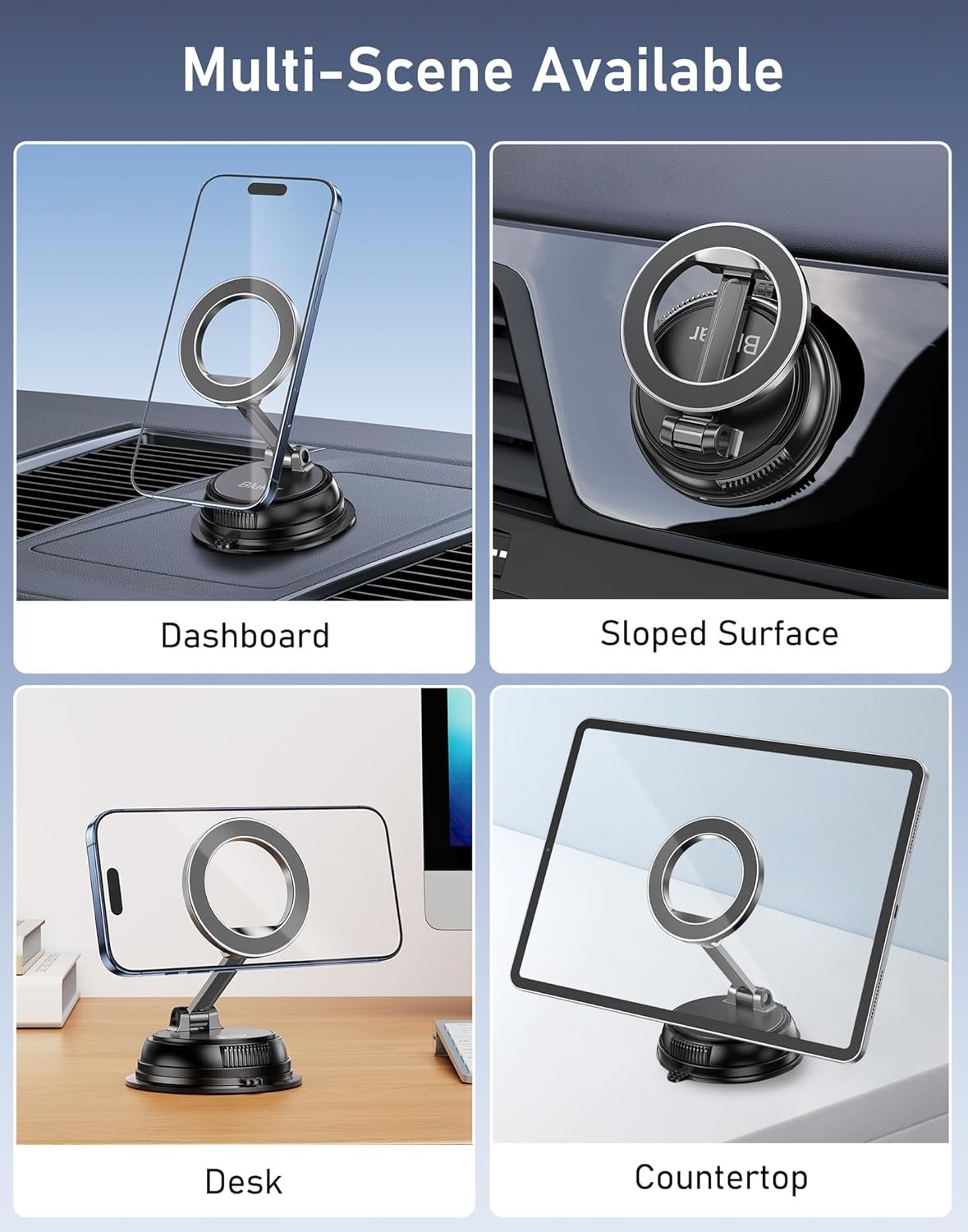 Blukar Phone Holder Car for MagSafe, [20xN52 Strong Magnets] Magnetic Car Phone Holder Mount - 360° Rotation, Upgraded Ultra Stable Suction Cup for iPhone 16/15/14 & Others with Metal Plate