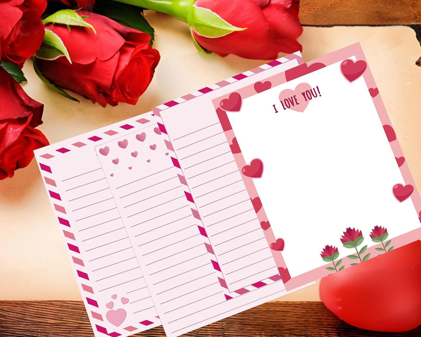 48 Pcs Valentine's Day Stationery Letter Sweet Love Heart Writing Paper - 8.5 x 11 Inch Pink Letter Writing Paper Set for Valentine's Day,Wedding,Anniversary & Crafting 4 Designs (Pink)