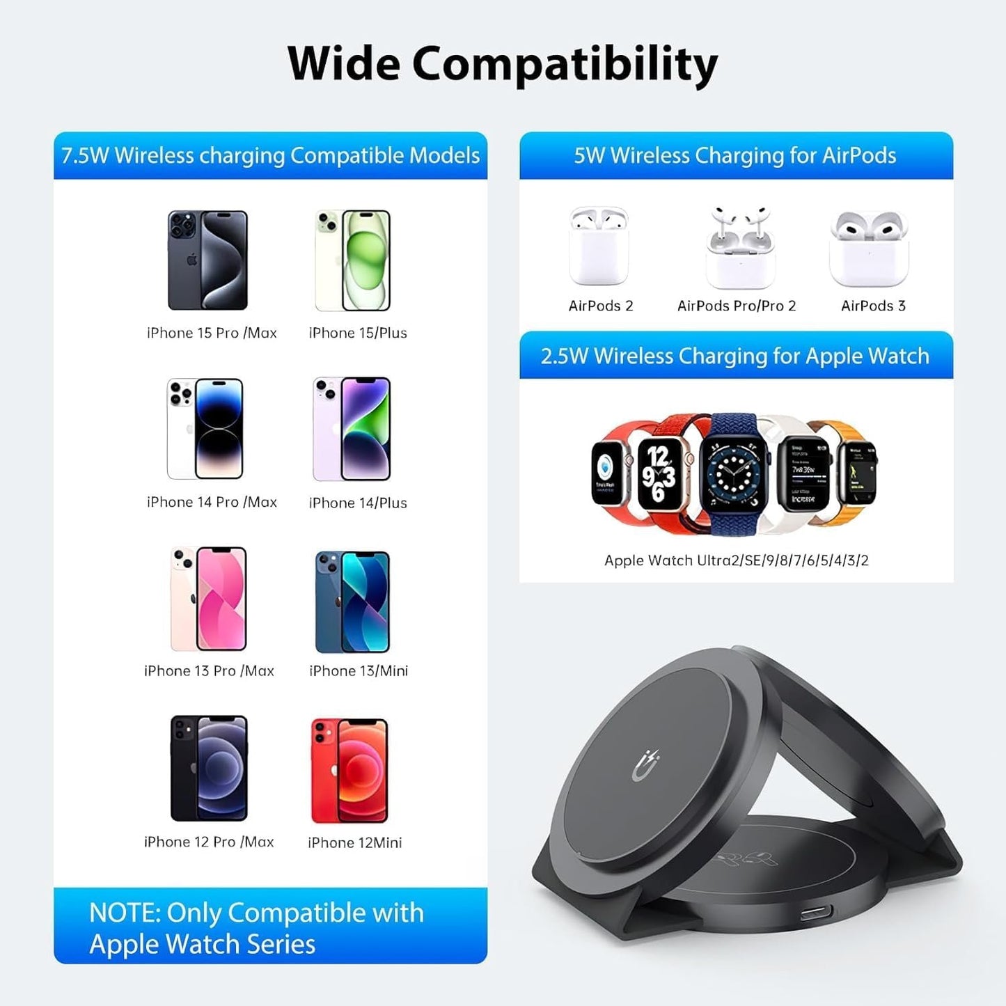 yuoscmc 3 in 1 Wireless Charger, Wireless Charging Station 15W Fast Wireless Charging Pad Mat Compatible with iPhone 14/15/13/12/SE/11/XS/XR, Apple Watch Ultra/9/8/7/SE/6/5/4/3/2, AirPods Pro 2/3/2